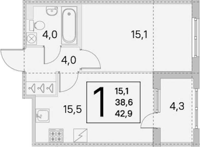 1-комнатная квартира 38.6 м², 1/5 эт., ЖК «ЮгТаун. Олимпийские кварталы»